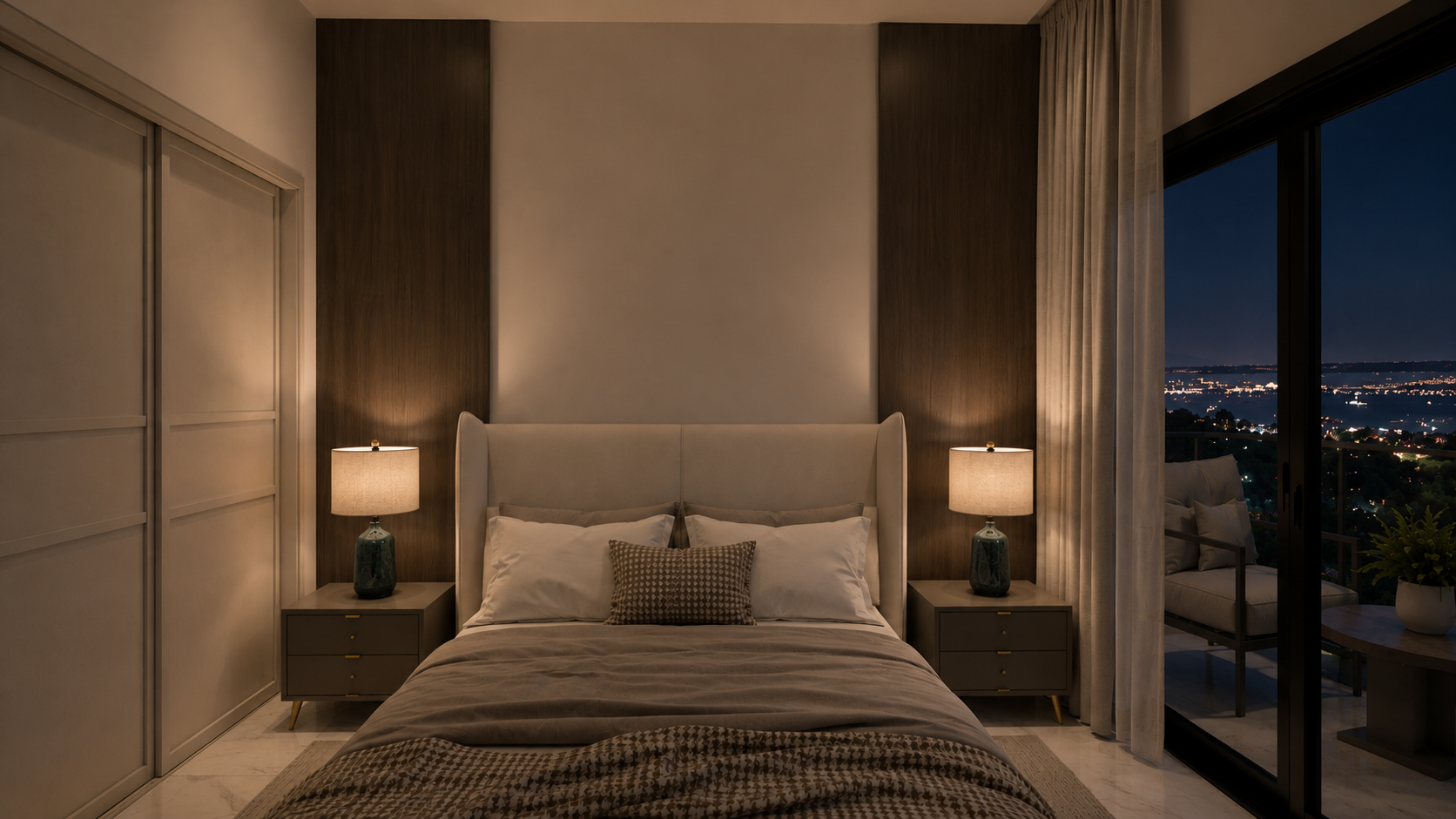 The Summit penthouse master bedroom, night